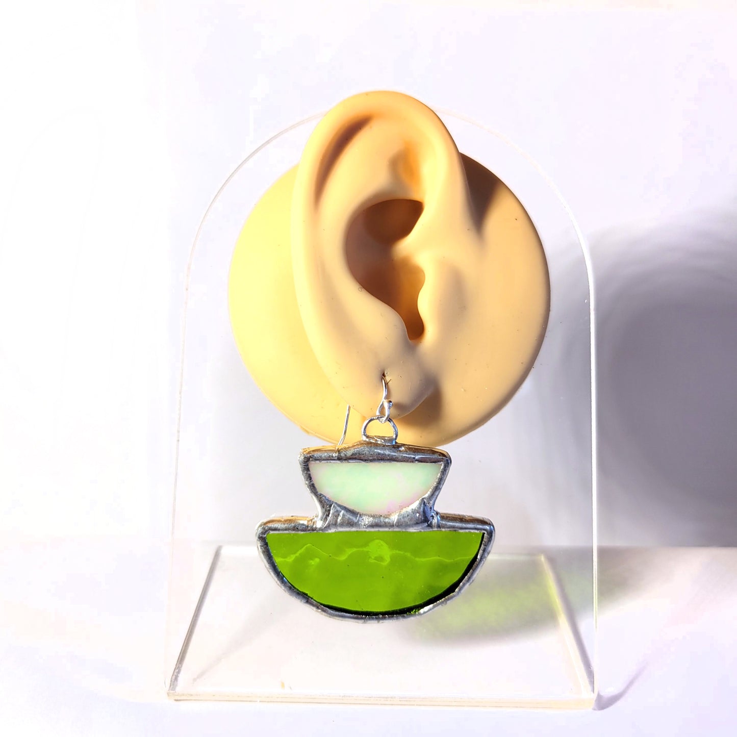 Two Smiles Earrings in Green & Iridescent White