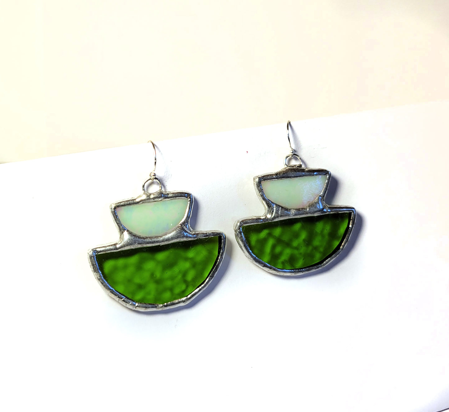 Two Smiles Earrings in Green & Iridescent White