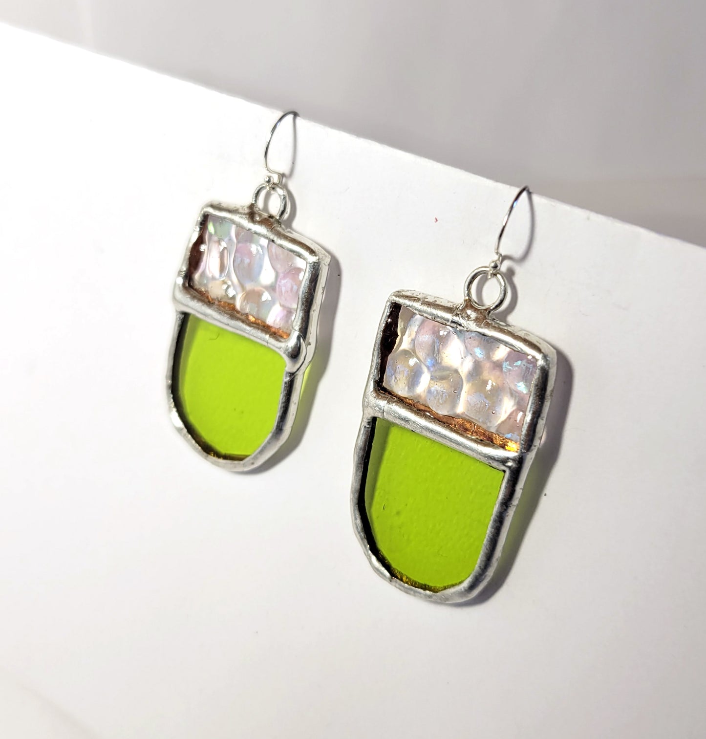 Tongue Earrings in Green and Iridescent Hammered Clear