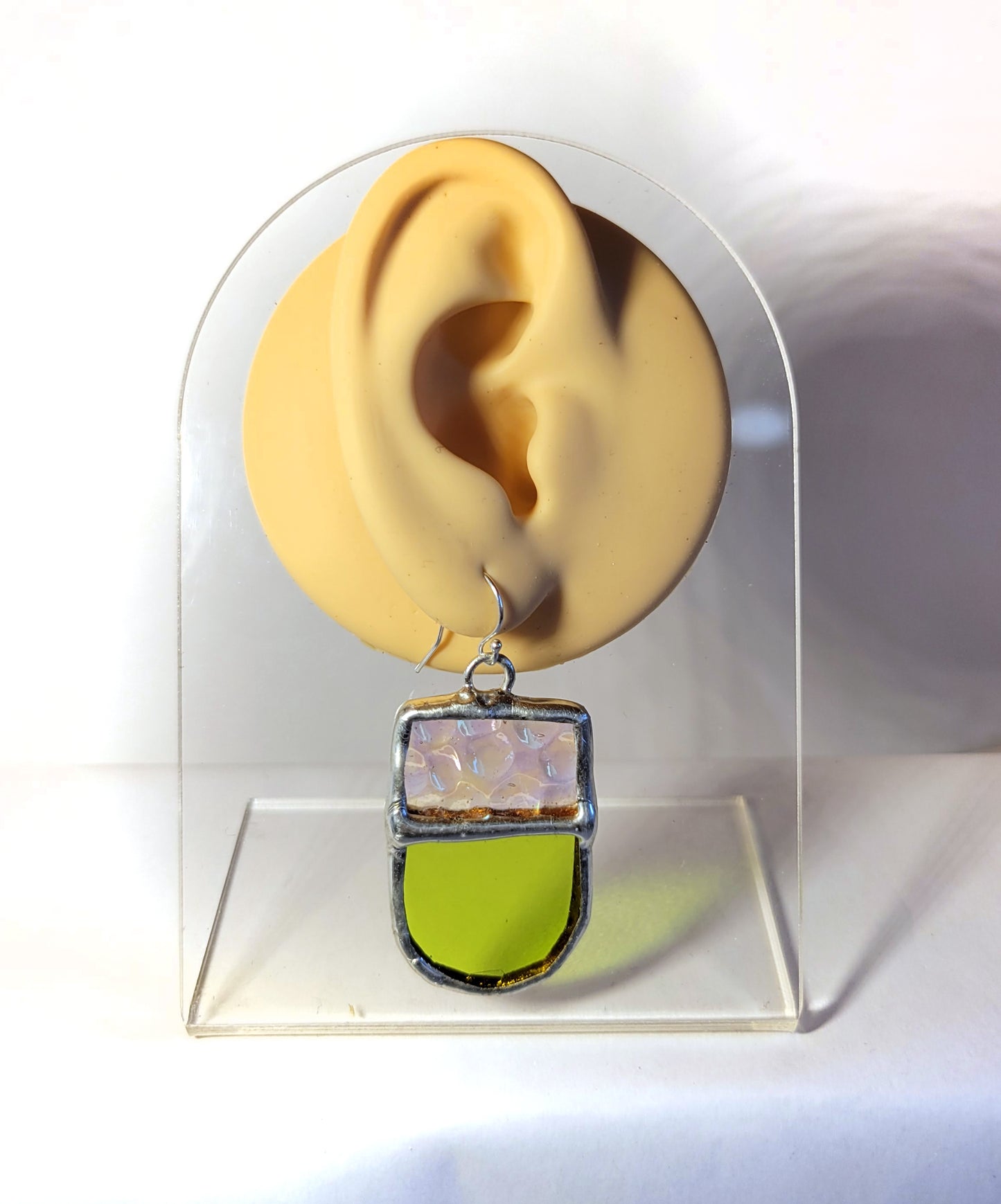 Tongue Earrings in Green and Iridescent Hammered Clear