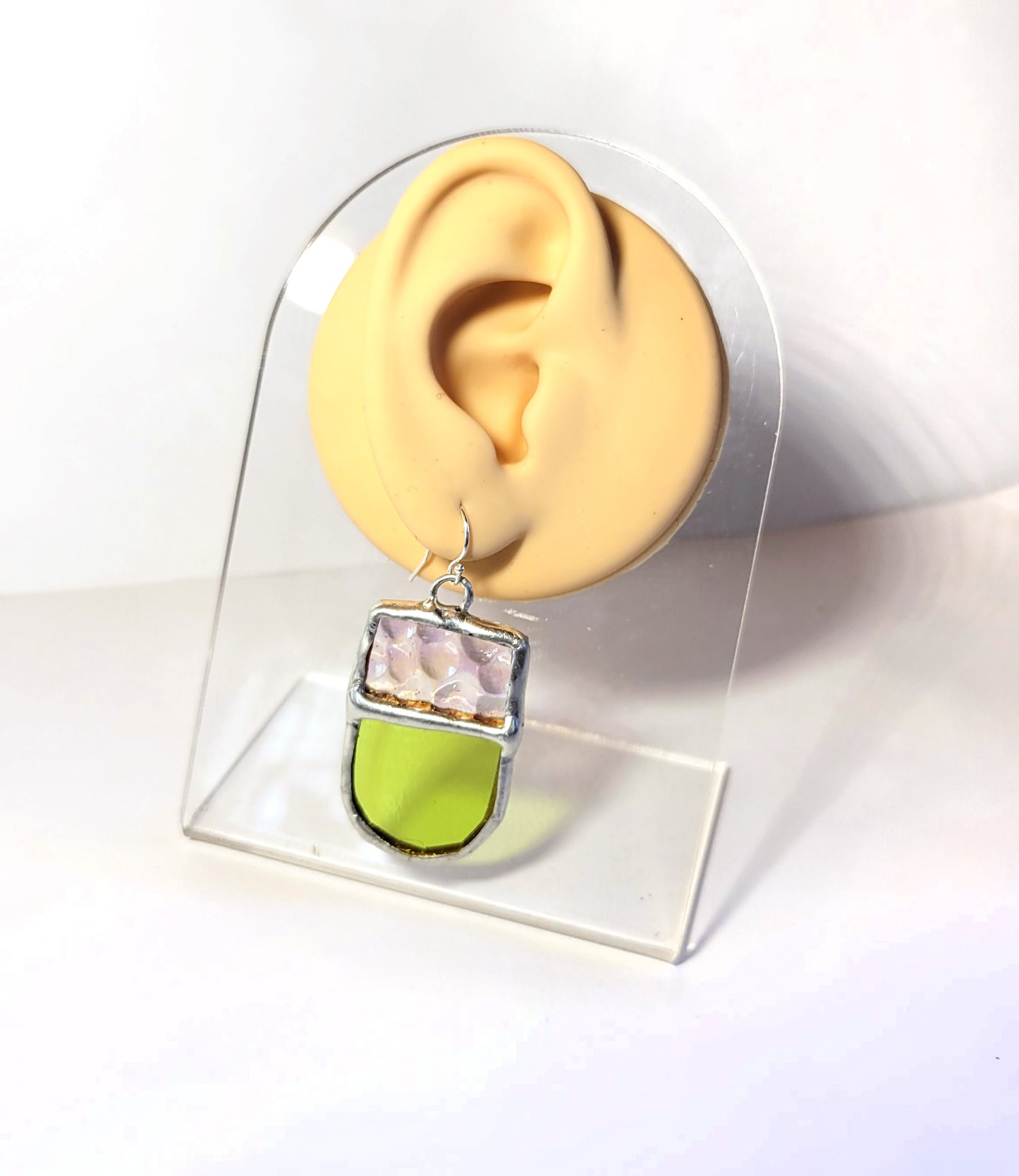 Tongue Earrings in Green and Iridescent Hammered Clear