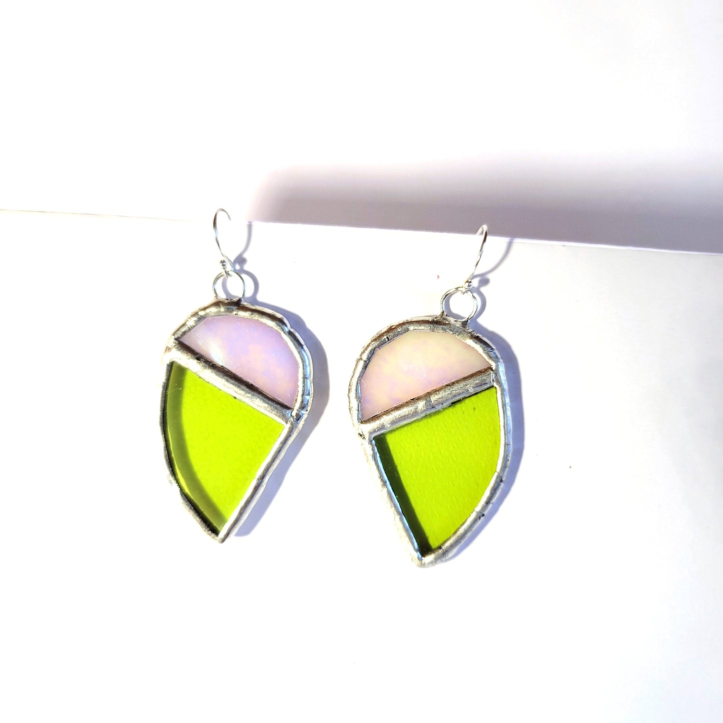 Broken Heart Earrings in Green and Iridescent White