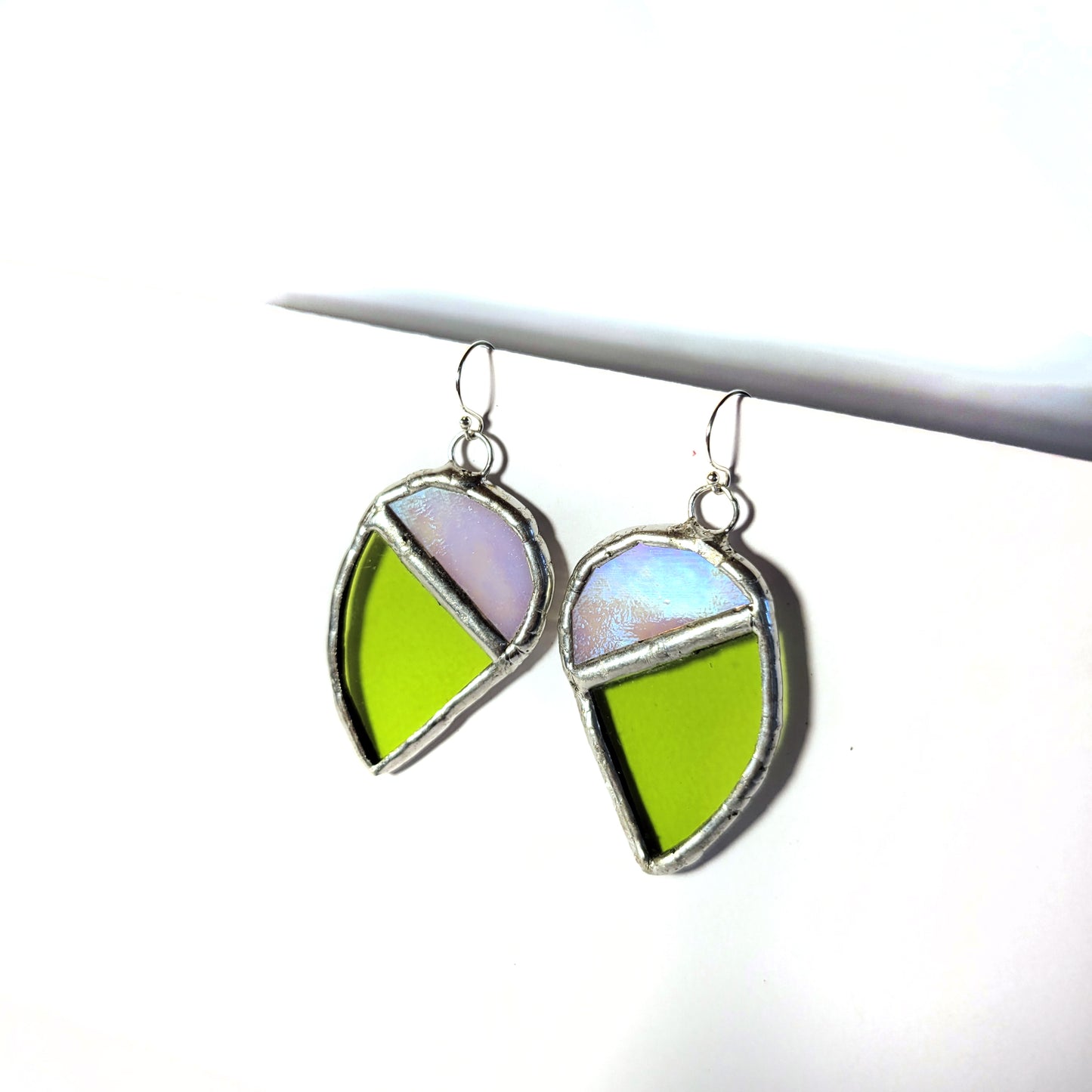 Broken Heart Earrings in Green and Iridescent White