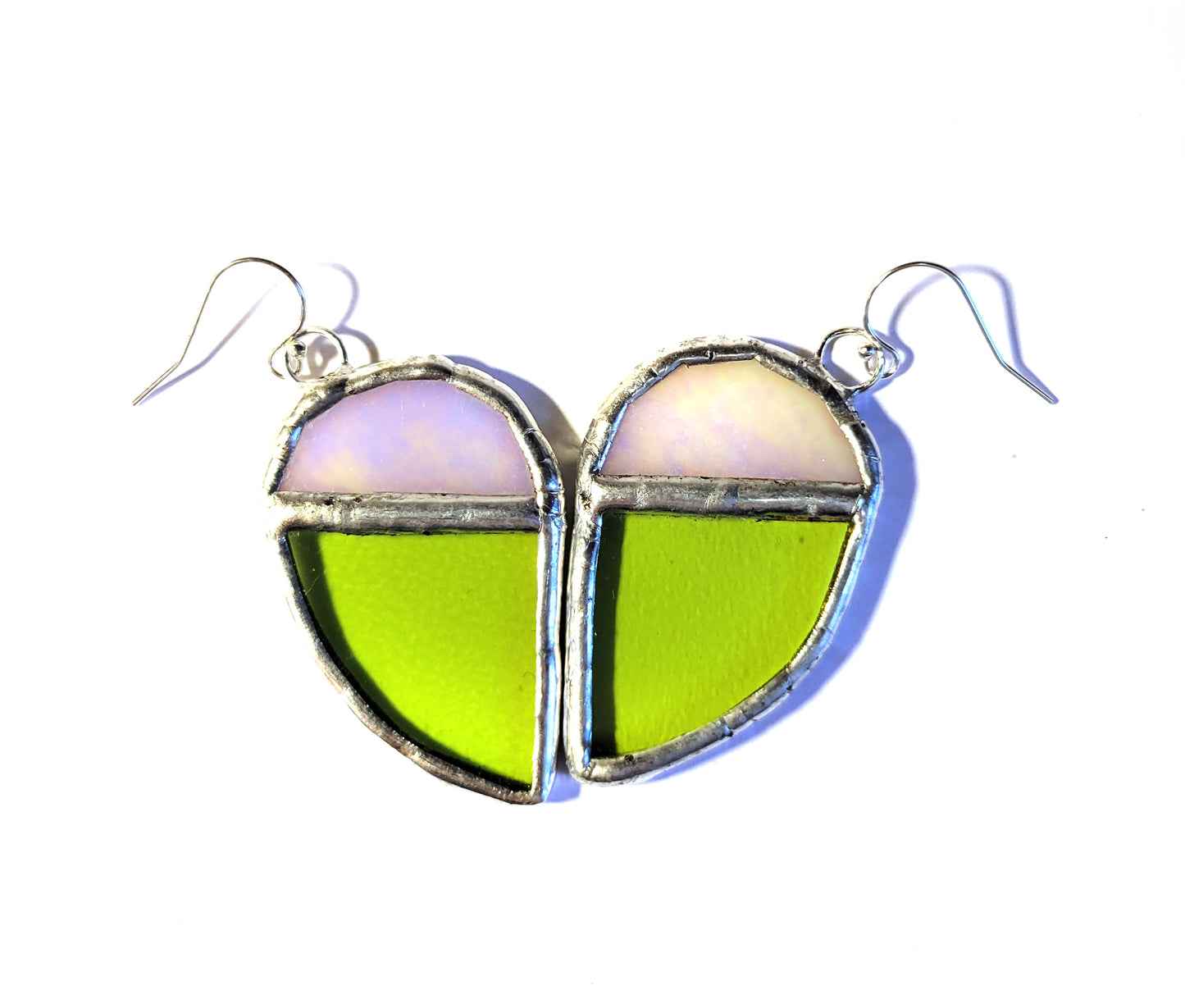 Broken Heart Earrings in Green and Iridescent White