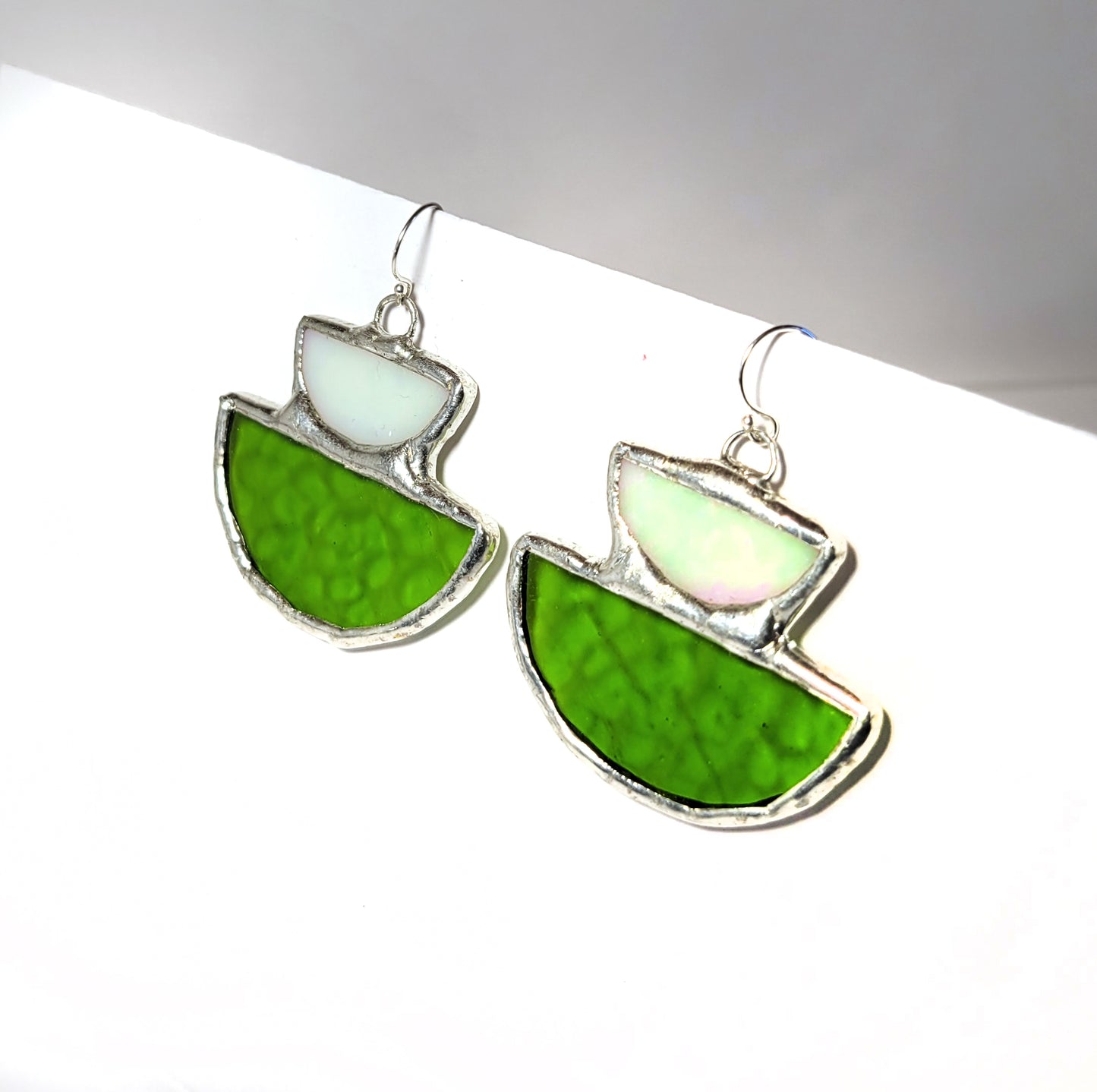 Two Smiles Earrings in Green & Iridescent White