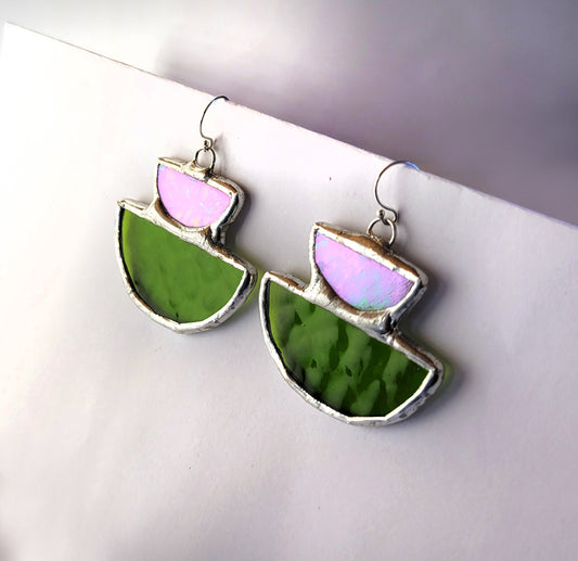 Two Smiles Earrings in Green & Iridescent White