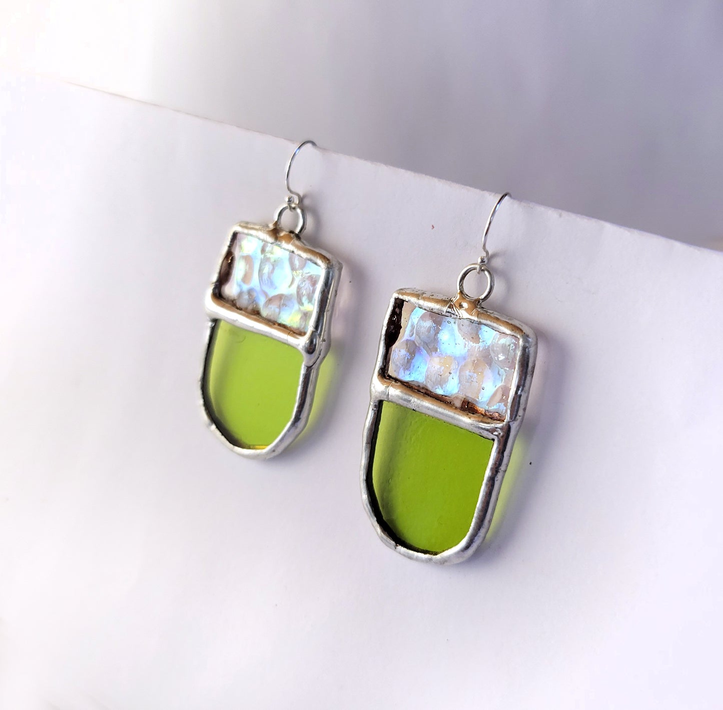 Tongue Earrings in Green and Iridescent Hammered Clear