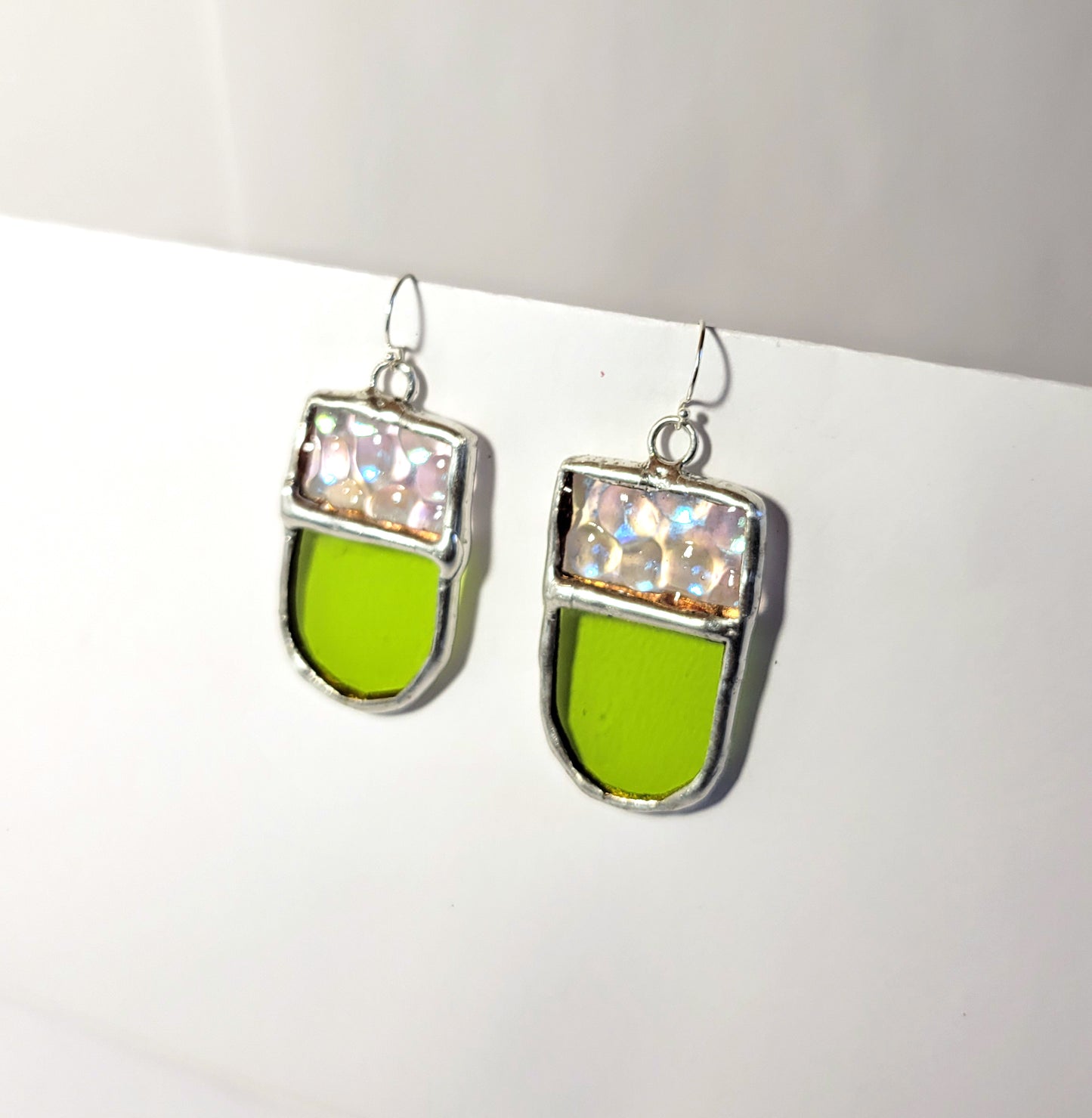 Tongue Earrings in Green and Iridescent Hammered Clear